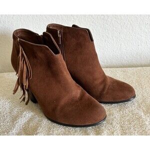 Carlos Santana Women's 6.5M Tempe Mustang Brown Fringe Trim Ankle Boots Booties